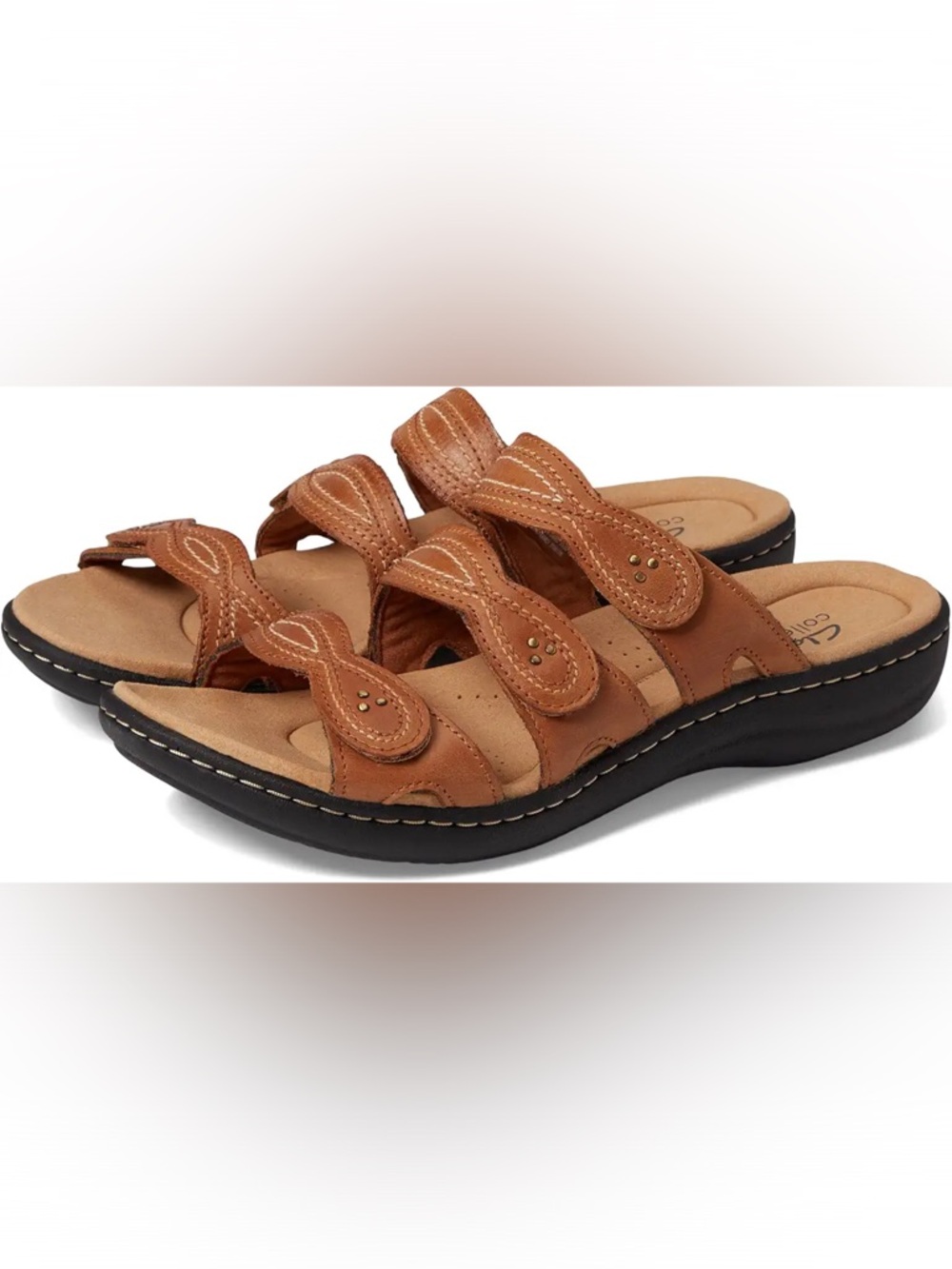 Clarks Tan Leather Triple-Strap Comfort Sandals 10 WIDE